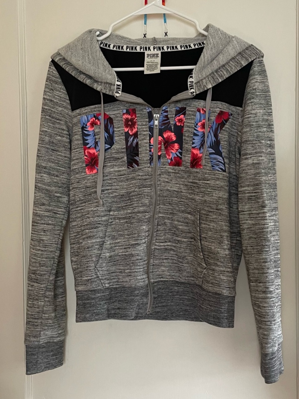 PINK Victoria's Secret Grey Zip Hoodie with Red & Blue Floral Logo